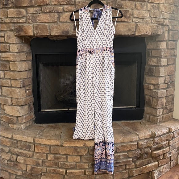 NWOT White, blue, orange and pink patterned, lined halter Jumpsuit. Size Large - Picture 1 of 12